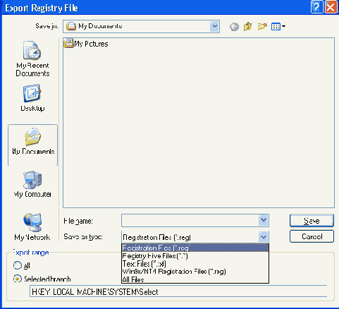 Диалоговое окно Export Registry File